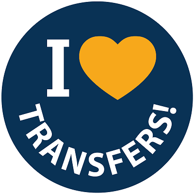A blue circle that says "I love transfers", but instead of the word love, it's a yellow heart.