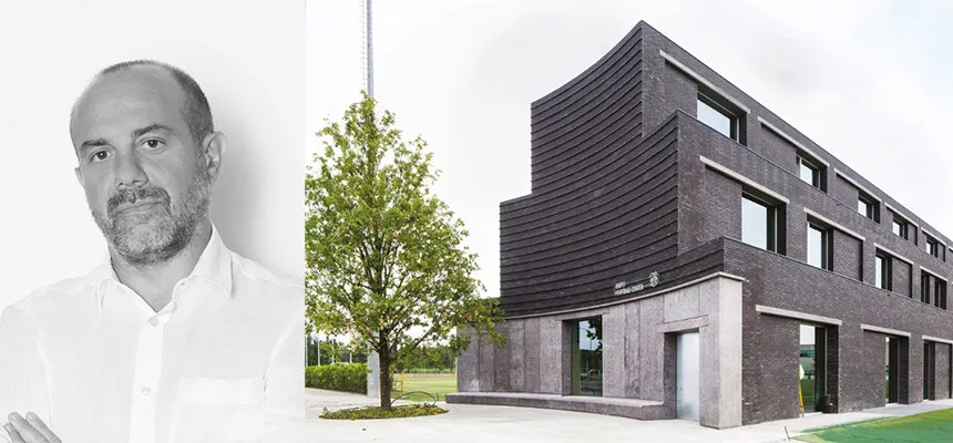 A photo of Angelo Lunati and a building created by him