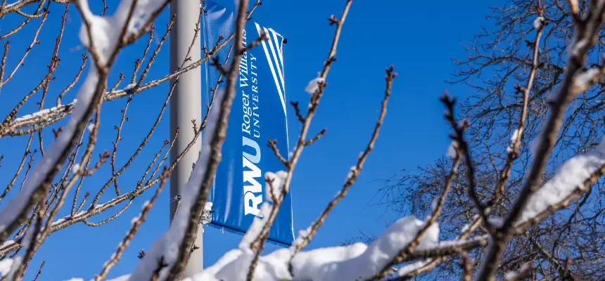 RWU campus banner hanging from a light pole on a bright winter day, framed by tree branches covered in snow.