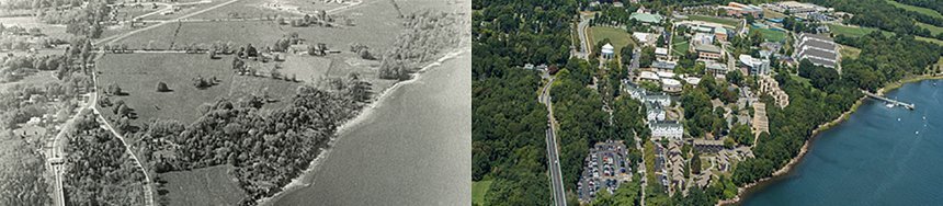 Aerial view of campus (1950s and 2018)