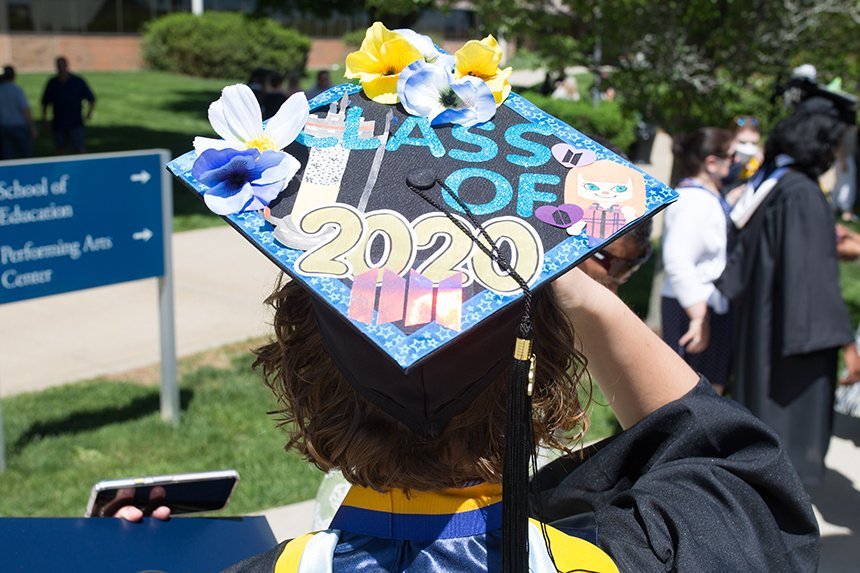 Image of a decorated class of 2020 mortarboard