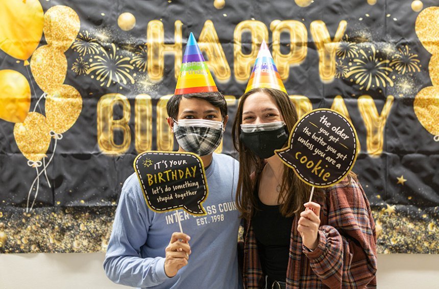image of Inter-Class Council Spirit Chair Kyle Villella and a friend at HBD Roger party, February 2021