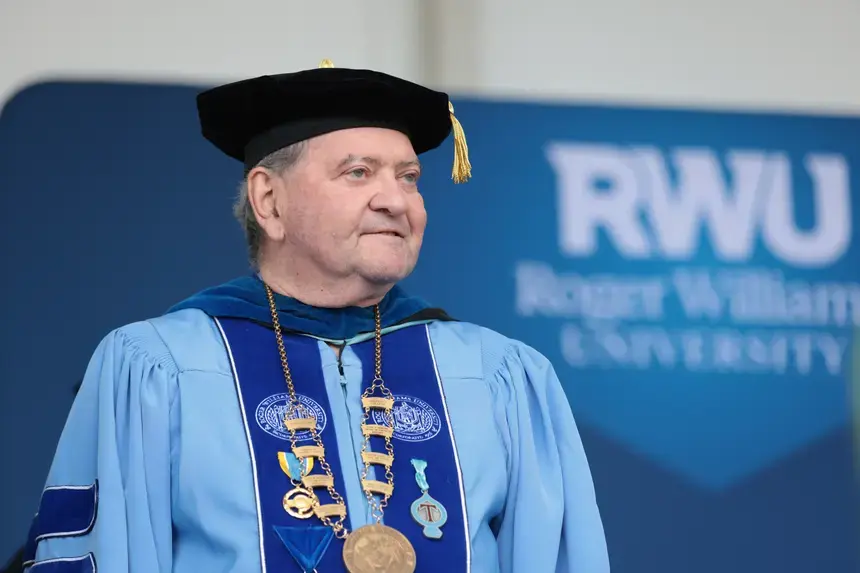 RWU President Yannis Miaoulis speaks to students at the Commencement main ceremony.
