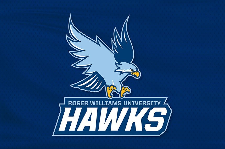 An illustration of a hawk flying with the words Roger Williams University Hawks