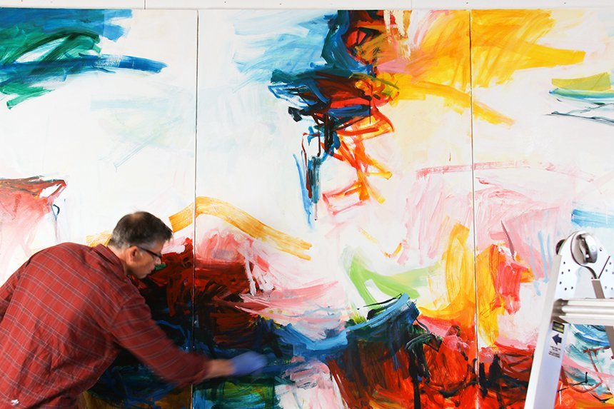 Michael Rich painting "La Serenata," an abstract piece. 
