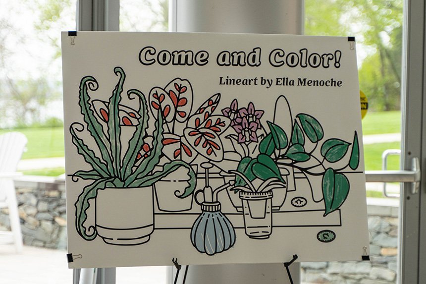 A poster that reads "Come and Color" as part of a student's lineart project. 