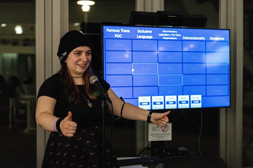 Sophie Speliopoulos, president of SAGA, at a Jeopardy-style event for Trans Day of Visibility.