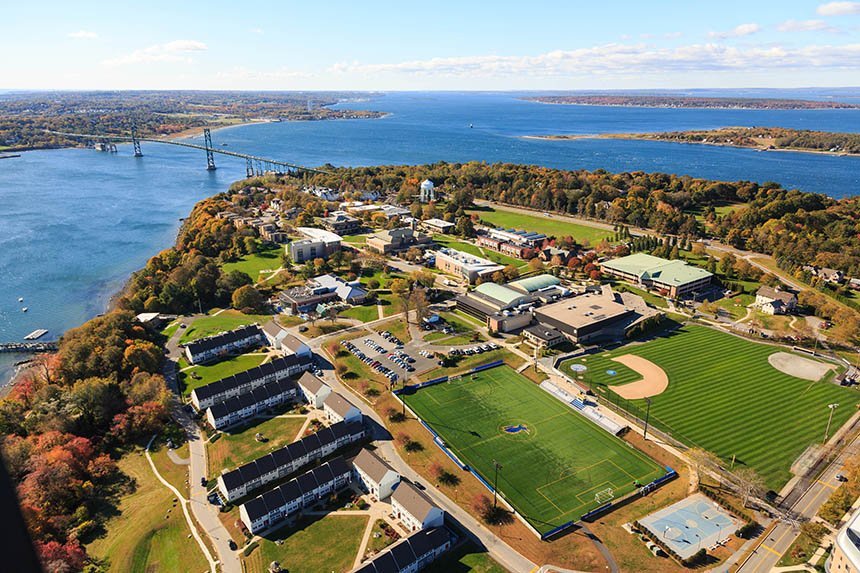 aerial image of RWU's Bristol campus on Mount Hope Bay