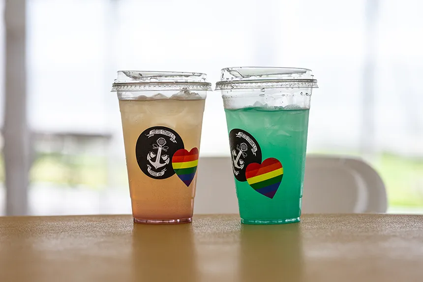 Drinks with rainbow heart stickers