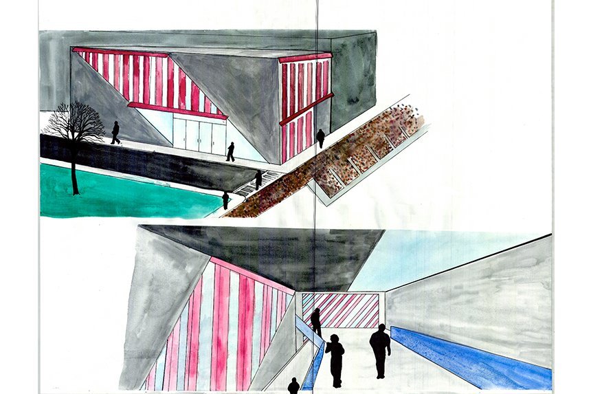 Summer Academy Student building sketch with watercolor 