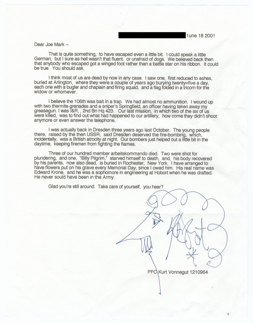 Letter written by Vonnegut in 2001 to Joe Mark, a fellow soldier in the 106th Infantry Division