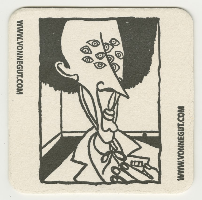 Coaster with Vonnegut website and Kilgore Trout portrait