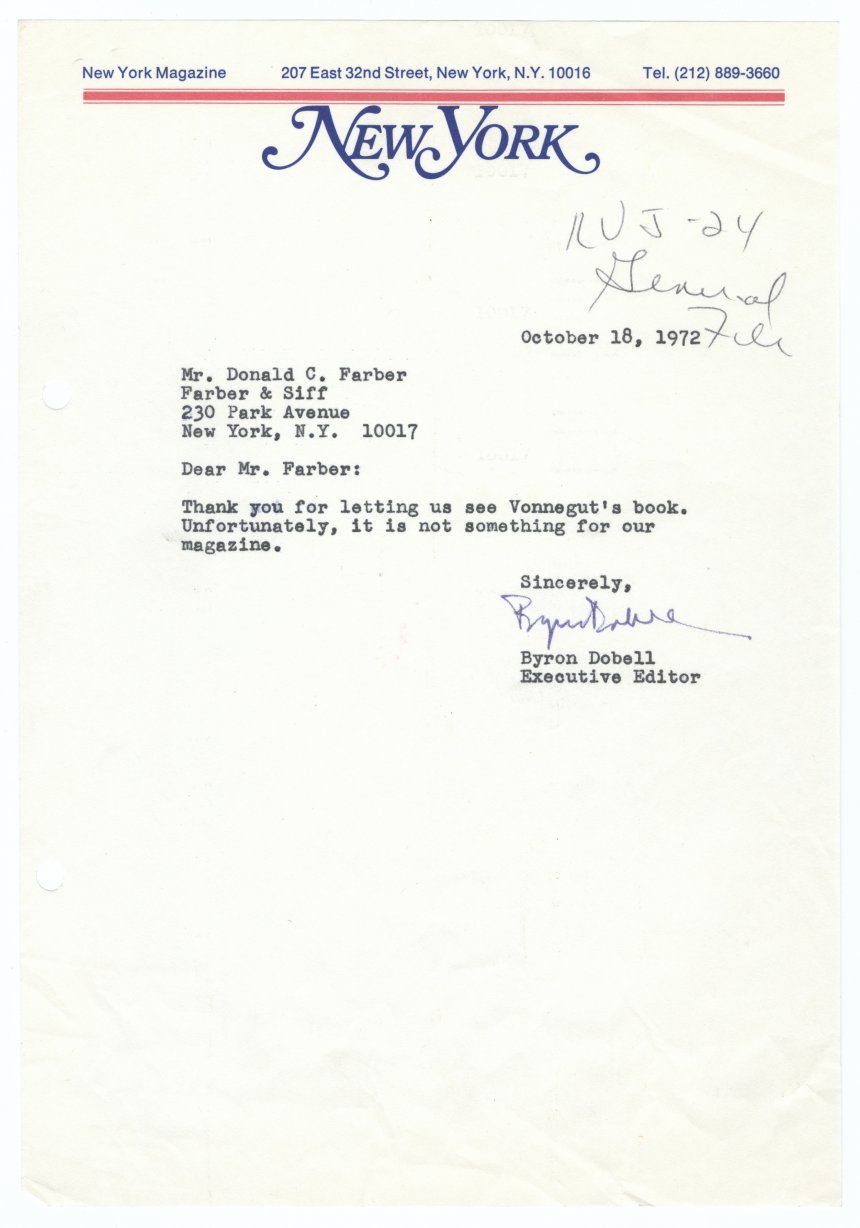 Rejection letter from New York Magazine