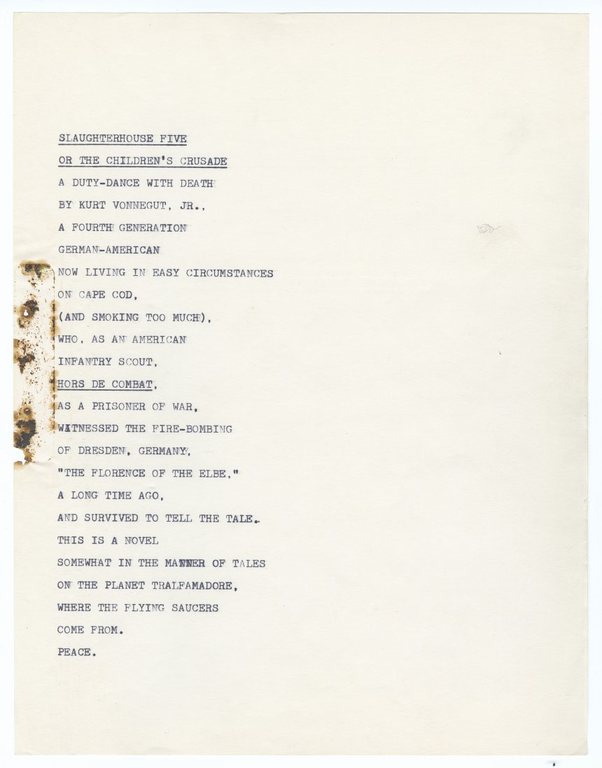 Manuscript copy of the title page of Slaughterhouse-Five 