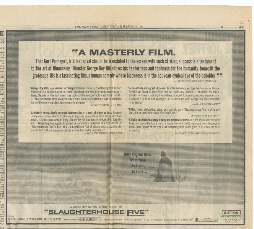 Advertisement for the film, Slaughterhouse-Five from The New York Times