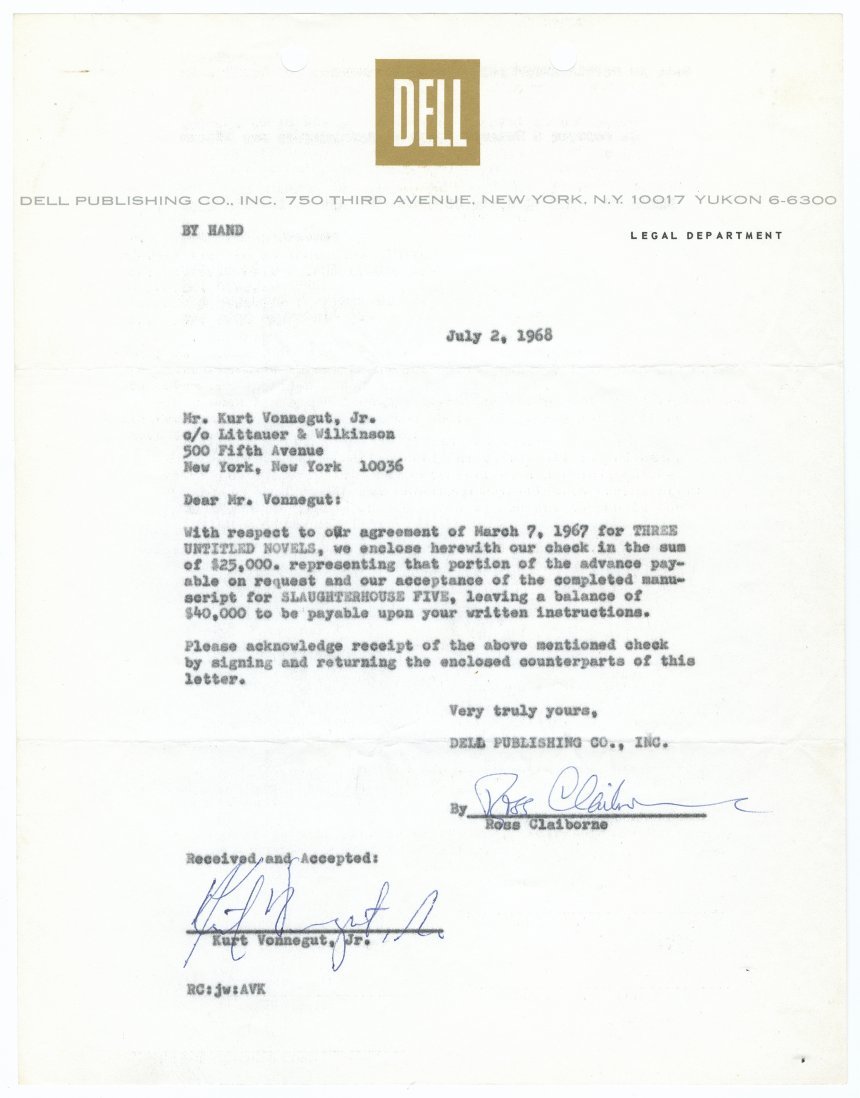 Contract from Dell with Vonnegut for Slaughterhouse-Five and three untitled novels.  