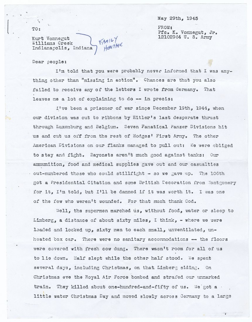 Letter from Pfc. K. Vonnegut Jr. to his family