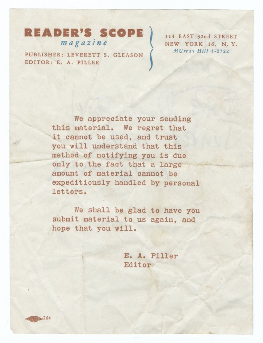 Rejection letter from Reader's Scope Magazine