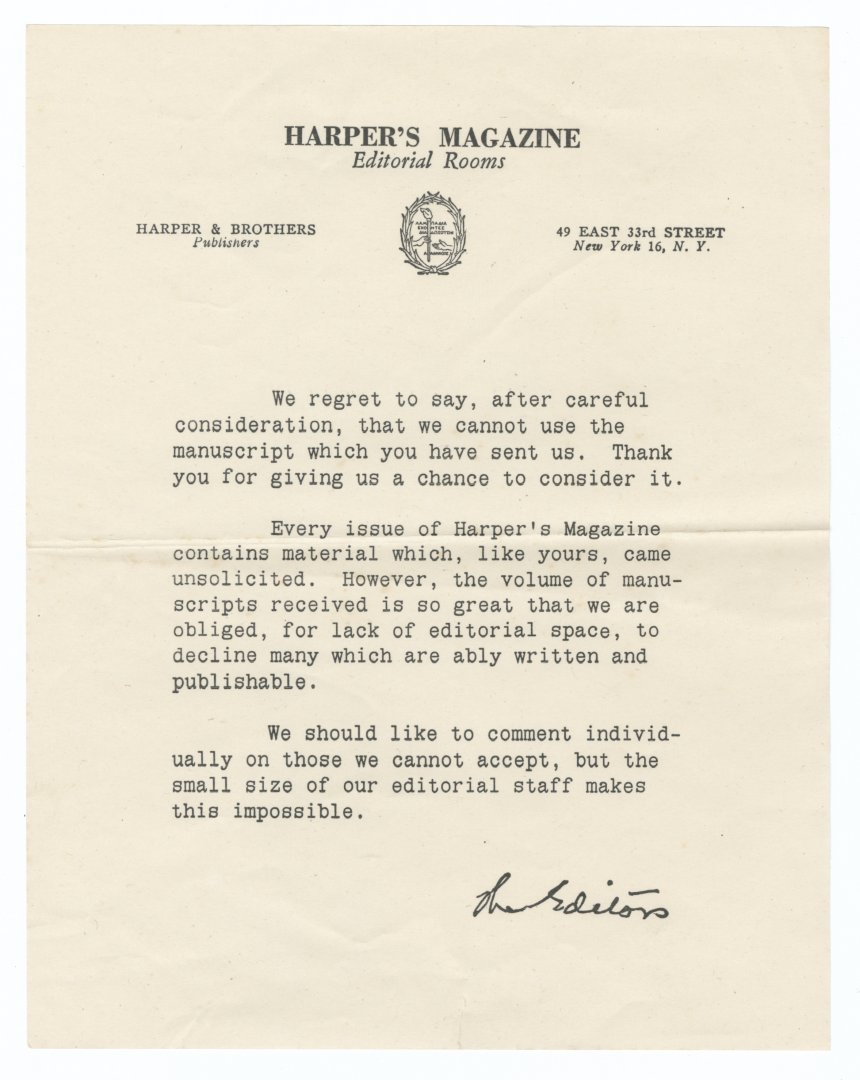 Rejection letter from Harper's Magazine