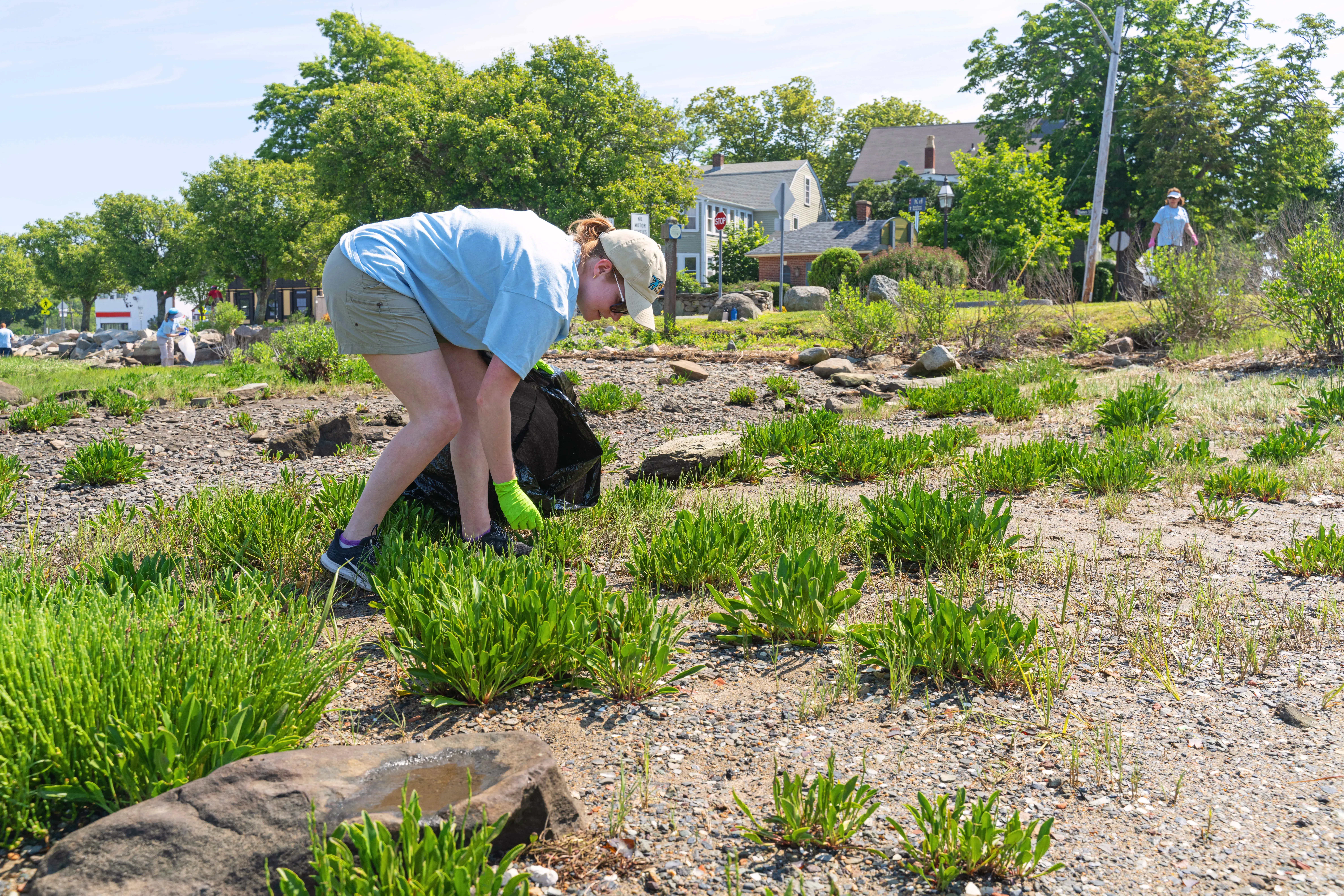 A person picks up litter during an organized cleanup effort