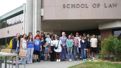 Justice Camp students gather outside the RWU School of Law.
